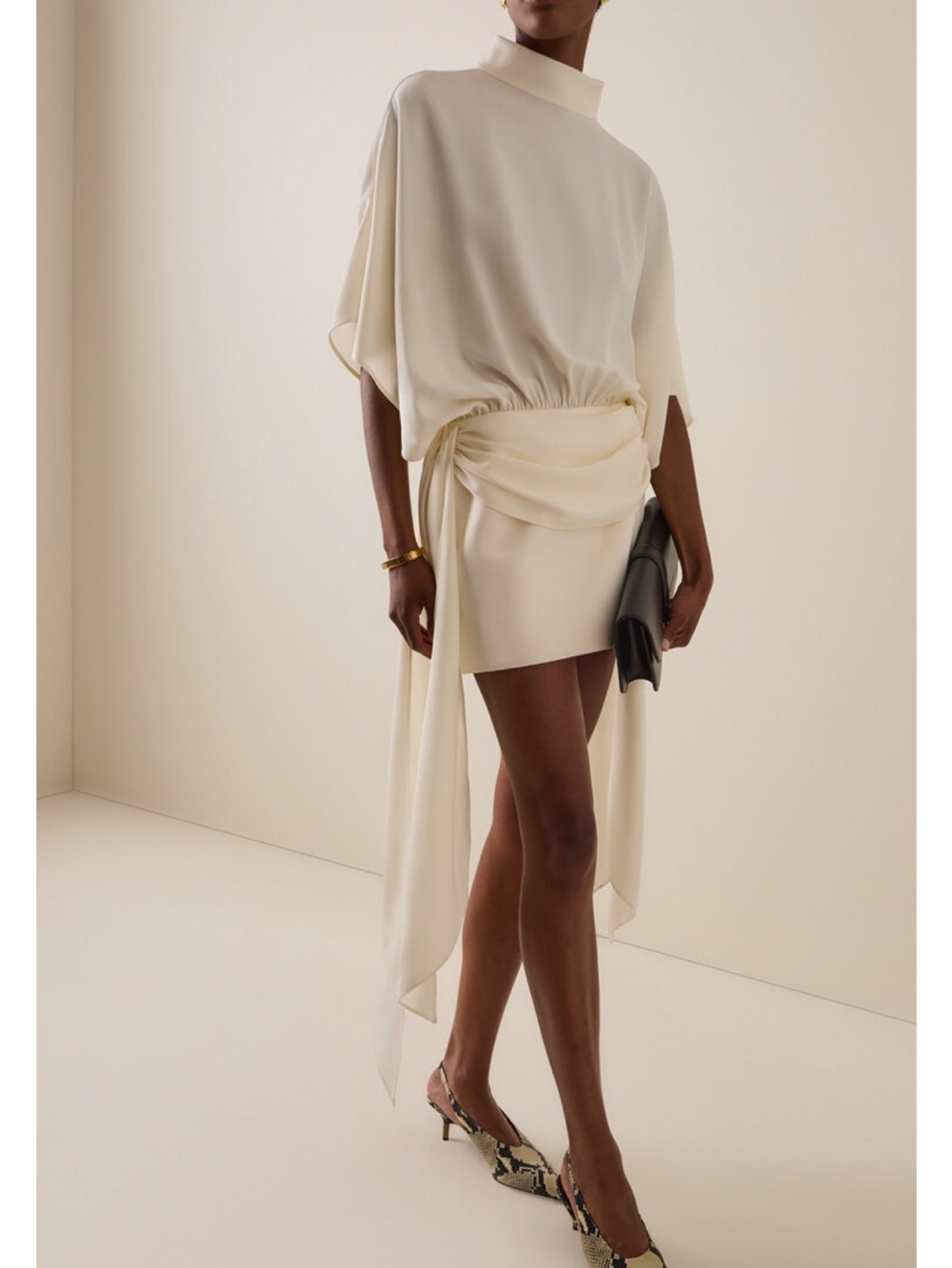 Elegant Cream Draped Mini Dress with Side Ties